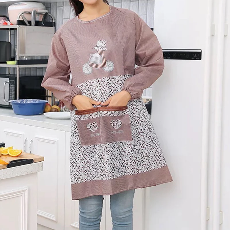 

Factory direct Korean fashion kitchen cooking apron long sleeve female adult gown cute anti-dress with sleeve apron