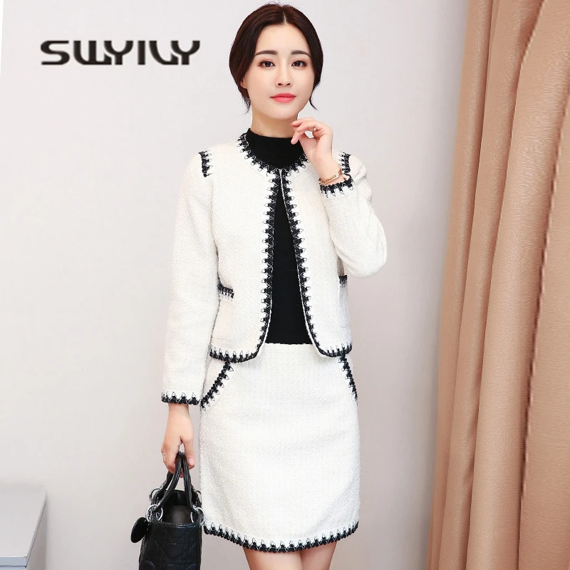 Goede SWYIVY Womens Jas Rok Pak Twee Sets Winter Lente 2018 elegante 2XL Plus Size Kantoor Dames OL Korte Wollen Jasje