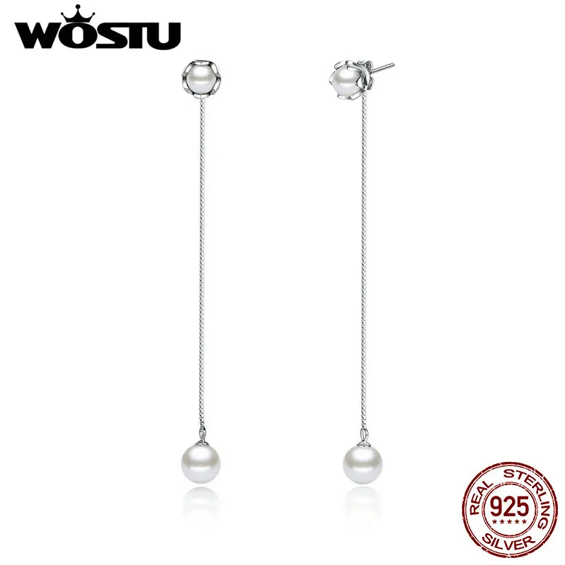 

WOSTU Luxury 100% 925 Sterling Silver Drop Earrings For Women With Imitation Pearl Jewelry Original Gift