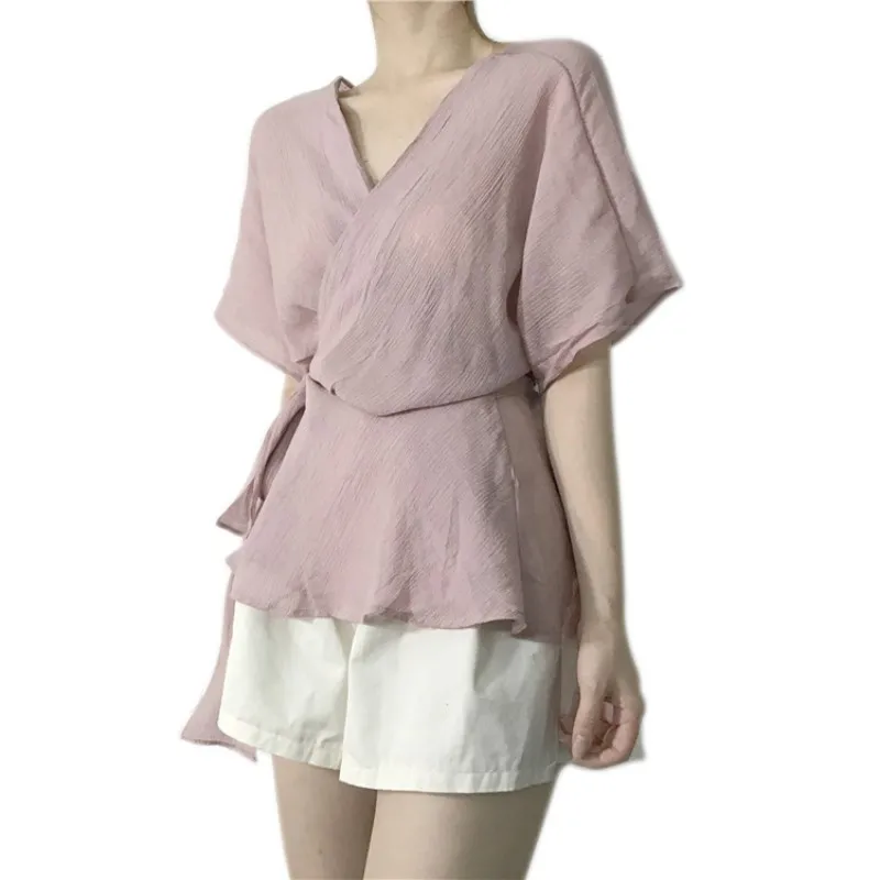 New arrival Women Shirt Short Sleeve Women V Neck kimono banded waist