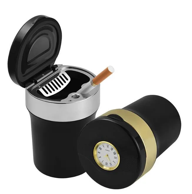 

Multi-function Portable Car Ashtray LED Light With Clock Smokeless Leak Flame-retardant Stainless Steel Liner Good Sealing