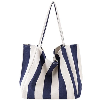 

NEW-Women'S Striped Canvas Handbag Summer Beach Classical Fabric Soft Large Handbag Female Casual Bag