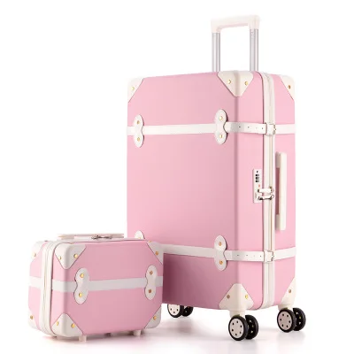 20 дюймов ретро комплект багажных сумок на колесиках поездки чемодан на колесах наборы для ухода за кожей с путешествия сумки carry on чемодан - Цвет: pink