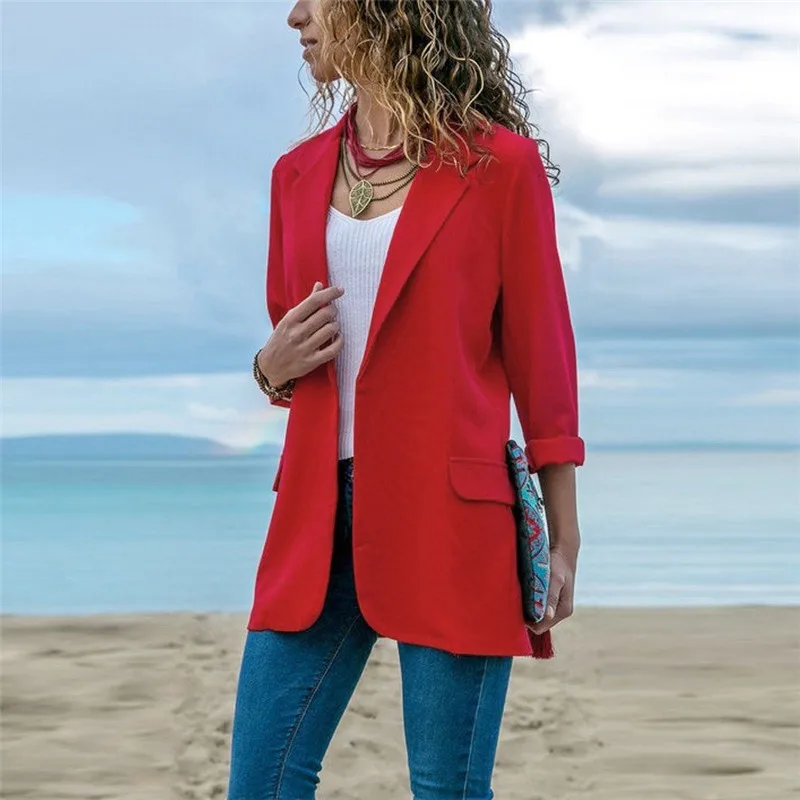 Осенний Модный женский костюм, блейзер для работы, офиса, блейзер с длинным рукавом, куртка, верхняя одежда, пальто для женщин, уличная одежда, черный тонкий Длинный блейзер - Цвет: red
