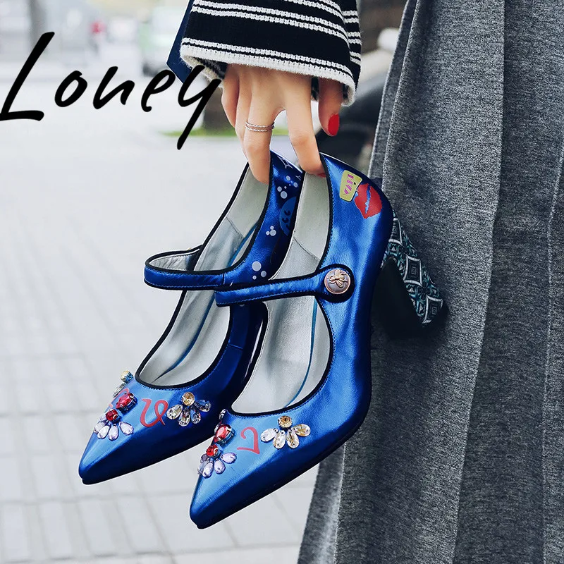 

Loney New Spring Summer Genuine Leather Printed Floral Women Pumps Pointed Toe Crystal Beading Women Pumps Chunky Heel Shoes