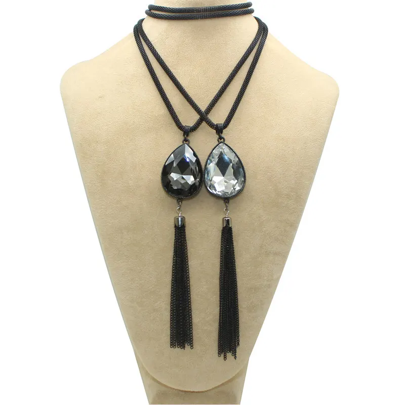

Sexy Vintage Water Drop Crystal Long Pendant Tassel Necklace Chain For Women Black Chain High Quality Statement Necklace