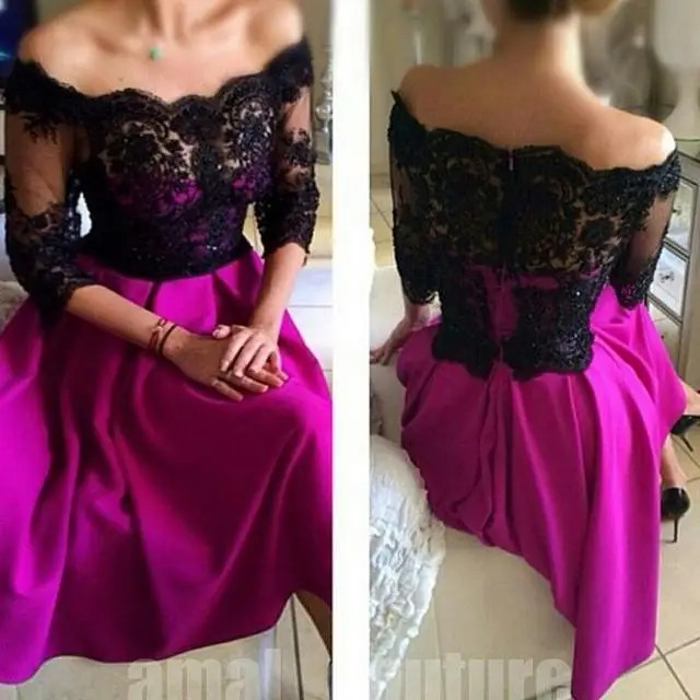 Custom Made Fuchsia Prom Dresses Women Gowns Sexy Boat Neck Chiffon Lace Appliqued Half Long Sleeve Evening Dresses 2017 New