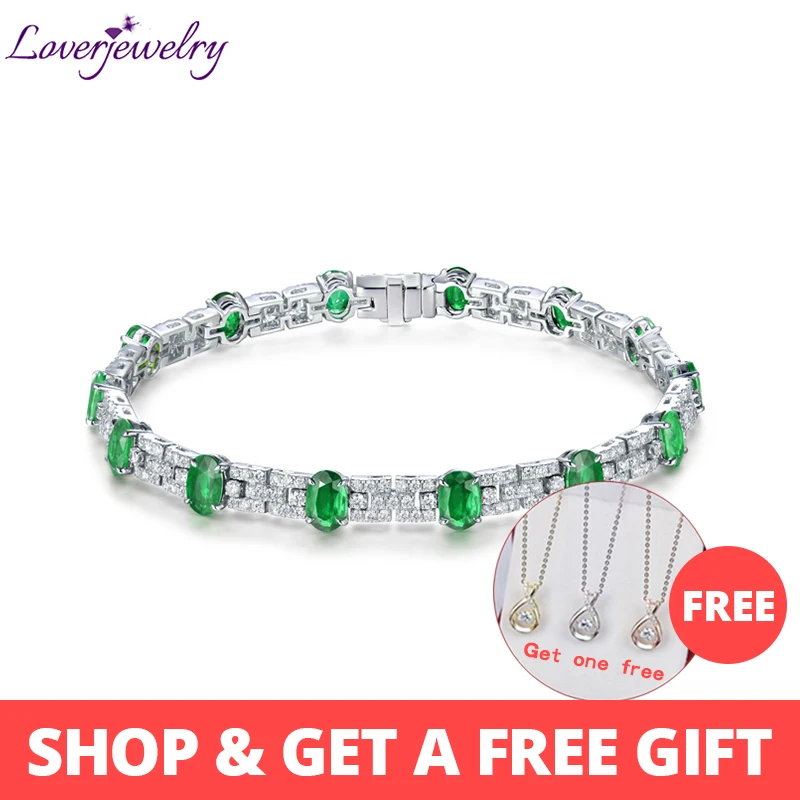 

LOVERJEWELRY New Arrival Natural Green Emerald Wedding Bracelet Solid 18K White Gold Sparkly Diamond Jewelry for Women Christmas