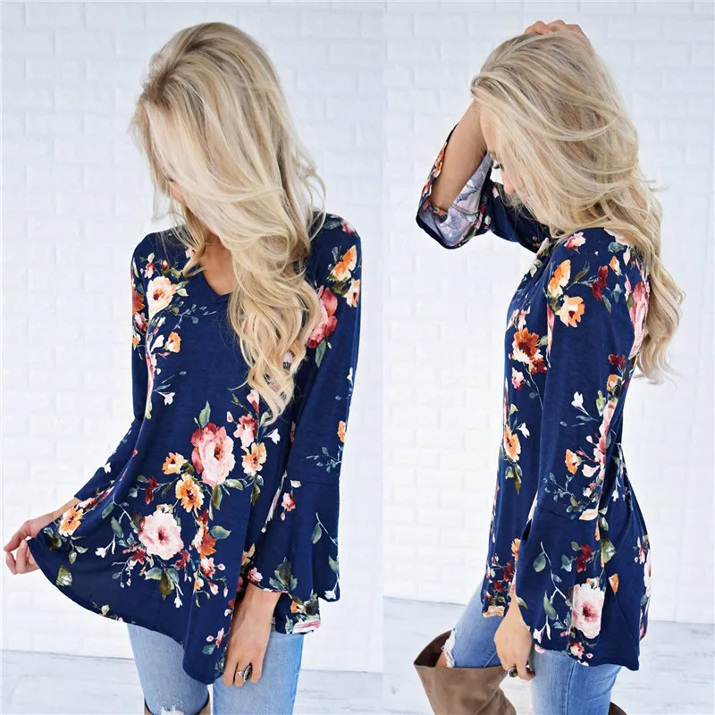 Fashion Women Ladies Loose Casual Long Sleeve Floral T Shirt Vintage Floral Printed Tops Autumn