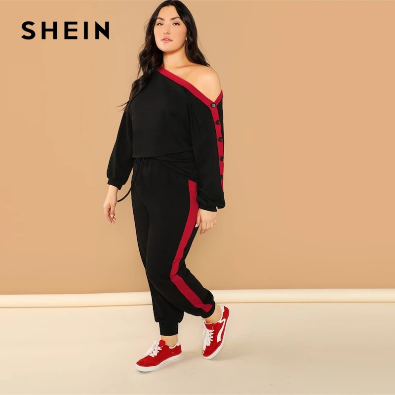 SHEIN Plus Black Asymmetric Shoulder Buttoned Sleeve Sweatshirt Pants Set Long Sleeve Co-Ord Women Spring Elegant Twopiece SHEIN Plus Black Asymmetric Shoulder Buttoned Sleeve Sweatshirt Pants Set Long Sleeve Co-Ord Women Spring Elegant Twopiece