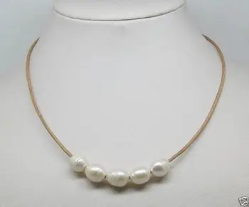 

zxia hot sale Women Bridal Wedding Jewelry >>Pretty 10-11mm Growing White Cultural Pearl Necklace Leather Chain 17''