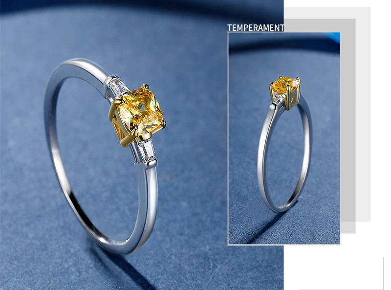 Yanleyu Chic Princess Cut 5MM Yellow Cubic Zircon Engagement Ring 925 Silver Color Wedding Jewelry Finger Ring PR310