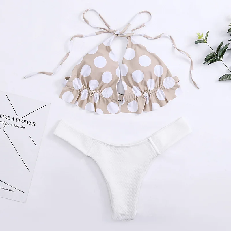 

Roseheart Summer White Halter Sexy Bikini Sets Women Swimsuit Bikini Strapless Swimwear Low Waist Bathing Suit Female Dots