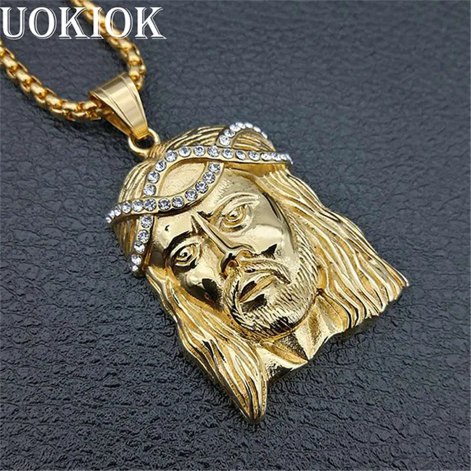 

Hip Hop Iced Out Jesus Head Pendant & Chain Gold Color Stainless Steel Rhinestones Bling Christian Necklaces Male Jewelry Collar