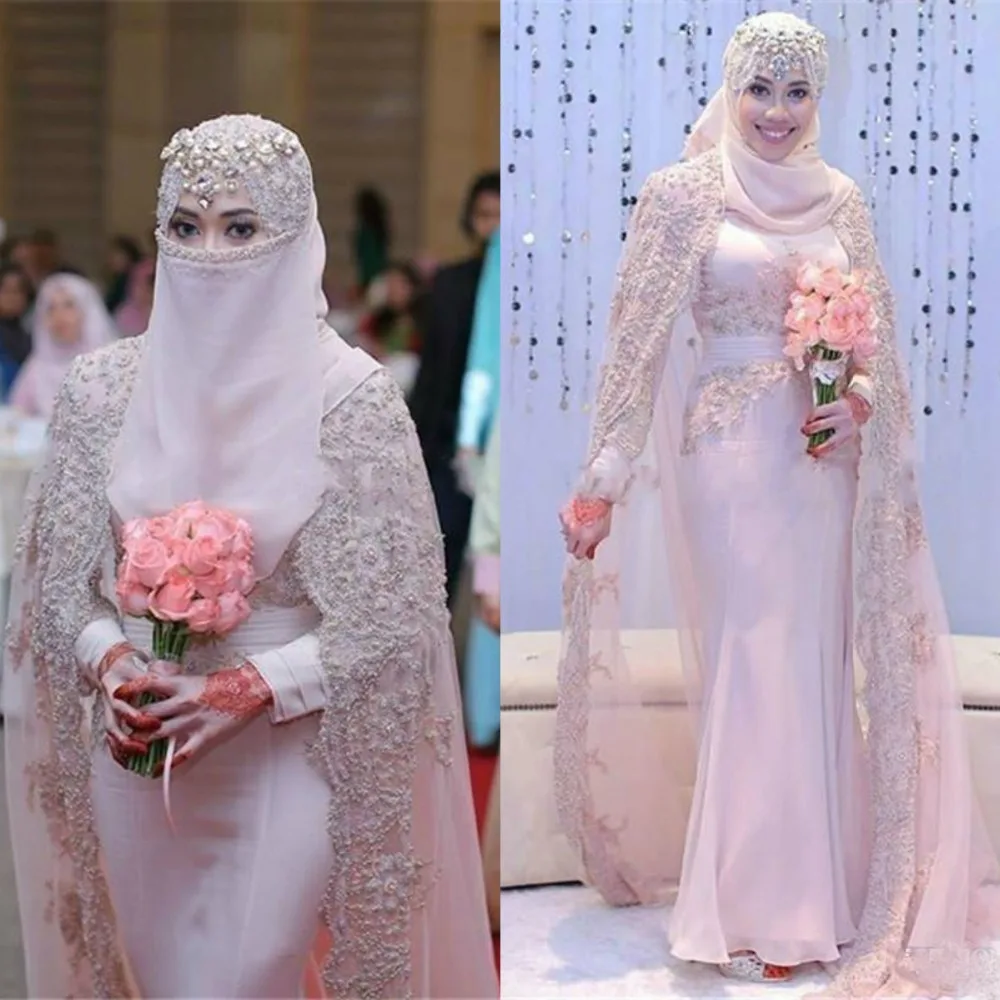 

2019 Muslim Chiffon Wedding Dress Long Sleeves High Neck Lace Applique Crystals Beaded Bridal Gowns with Wrap Vestido De Novia