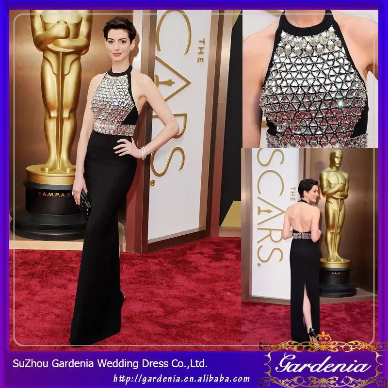 2014 Halter floor length Open Back Sequined Oscar Anne Hathaway Party Prom Evening Gowns Red carpet imitation celebrity dresses | Свадьбы и