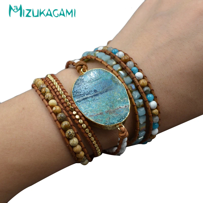 

Bohemia Bracelets for Women Multi-layer Leather Natural Hand Woven Marine Stone Beaded Brace Letsnap button Jewelry