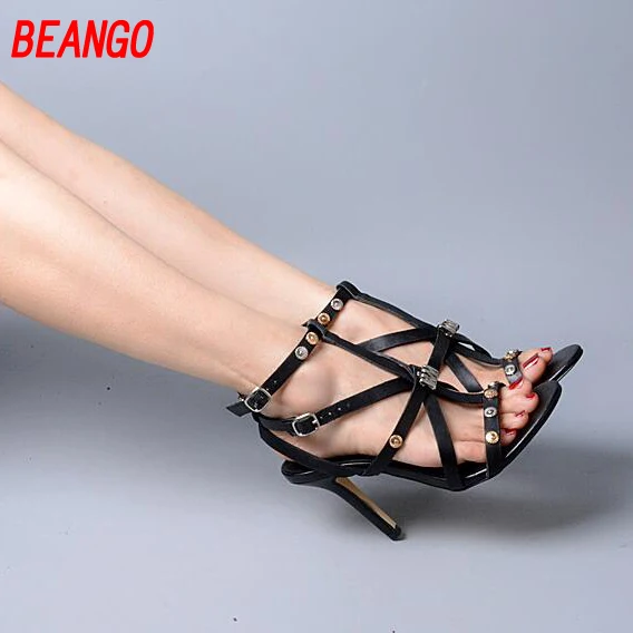 BEANGO 2017 Summer Sexy Gladiator Sandals Open Toe Genuine Leather Pumps Thin High Heels Shoes Woman Hollow Rivet Buckle Shoes