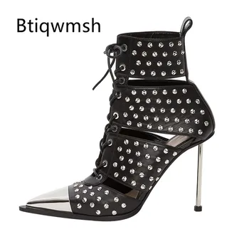 

2019 Punk Style Genuine Leather Ankle Boots Women Metal Pointed Toe Rivet Iron High Heels Shoes Woman Sexy Party Shoes
