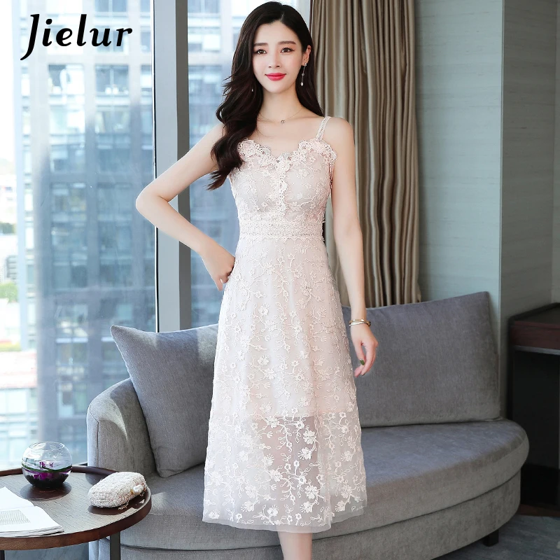 

Jielur Women Dress Lace Sexy Spaghetti Strap V-neck Vestidos Verano Slim Pink Dresses Robe Femme High Waist 2019 Summer Dress