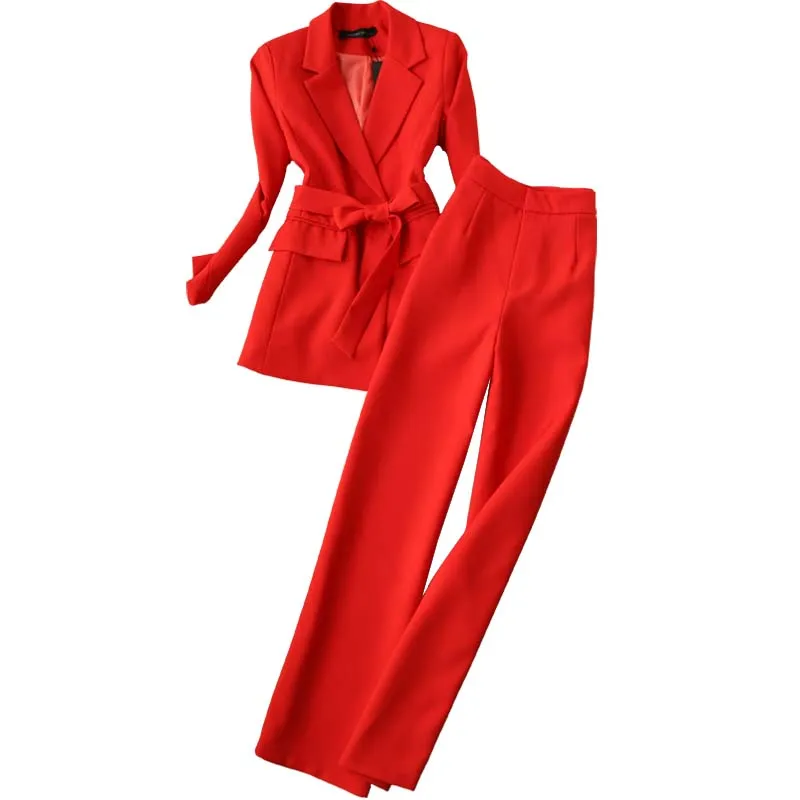 

Elegant women's red suit suit female 2019 new women's spring fashion temperament wide leg pants two sets of tide high quality
