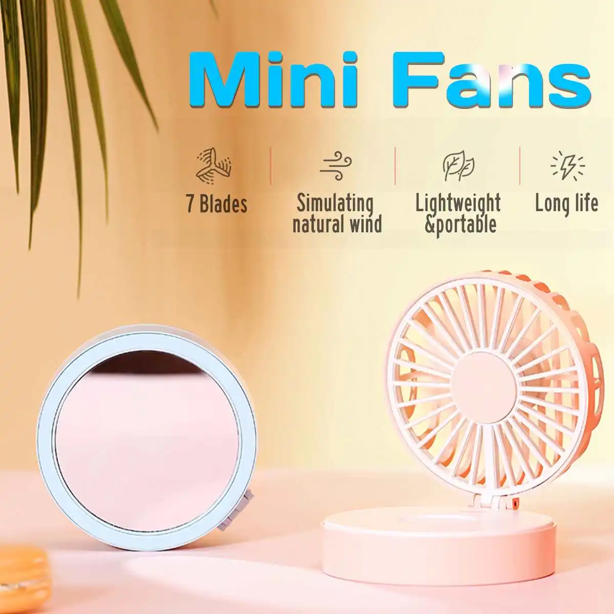 

Electric Fan Mini USB Air Condition Portable Fan Handheld Cake Type Air Cooler Table Desk Fan Rechargeable With Makeup Mirror