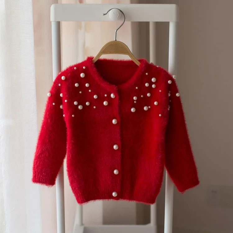 Новая популярная детская одежда Детский свитер вязаный свитер для маленьких девочек осенне-зимний детский кардиган украшенный бисером свитер - Цвет: Красный