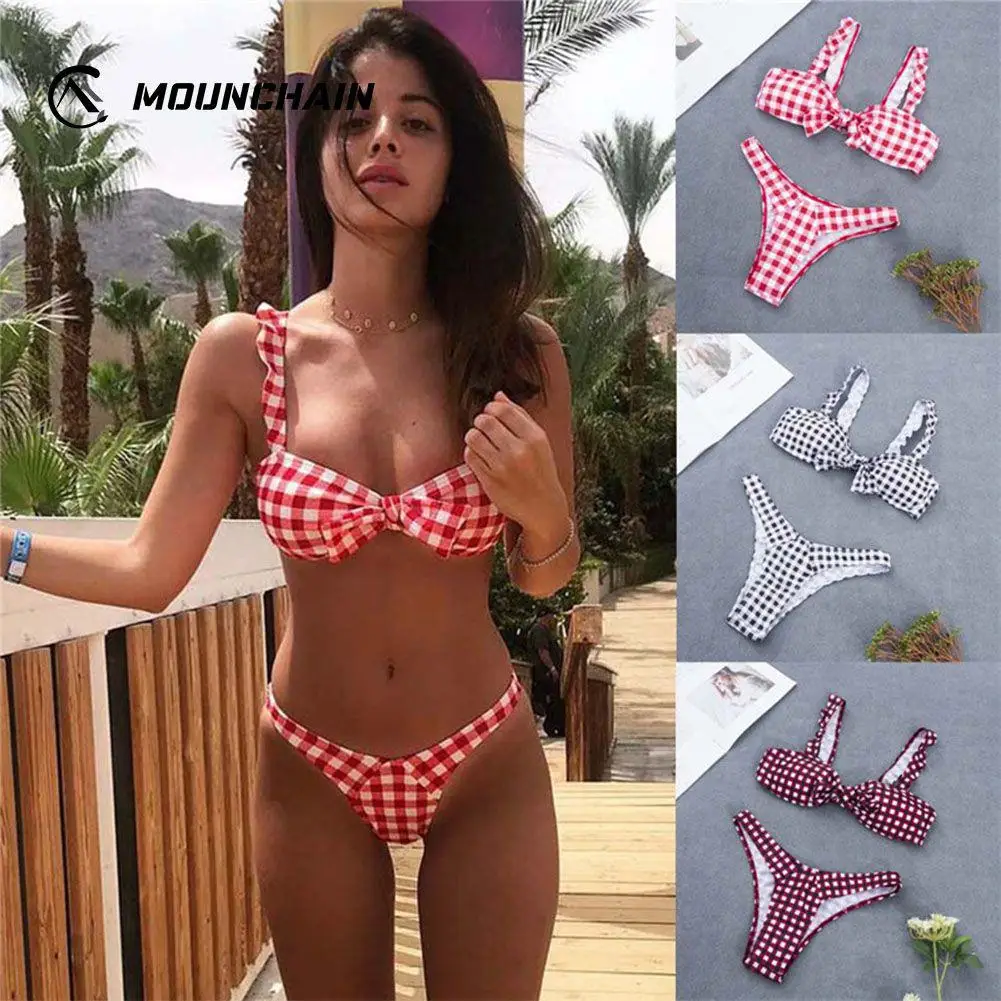 

Plaid Bikinis Padded Bra Lattice Sexy Bandage Bow Knotted Lovely Women Bathing Push Up Bandeau Maillot De Bain Swimsuits