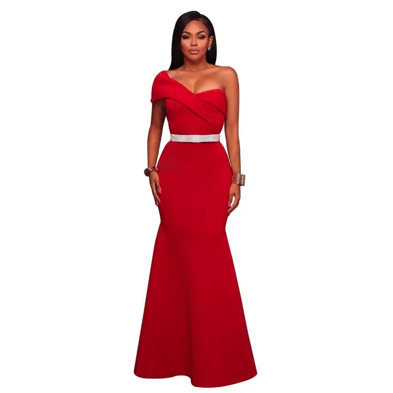 SEBOWEL Elegant Women One Shoulder Formal Party Dresses Vintage Sequin Belt Mermaid Irregular Neck Long Dress (3)