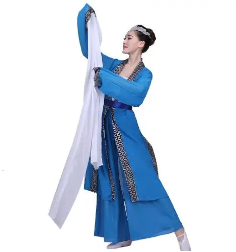 (0173) Chinese Classical legend dance red/blue water sleeves costumes long sleeves fan Poetry fairy stage performance clothing