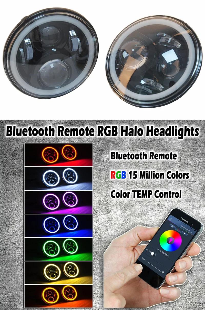 " RGB многоцветный Bluetooth светодиодный Halo Angel Eye H4 проекционная фара 7 дюймов хром/черный для Jeep Wrangler Land Rover