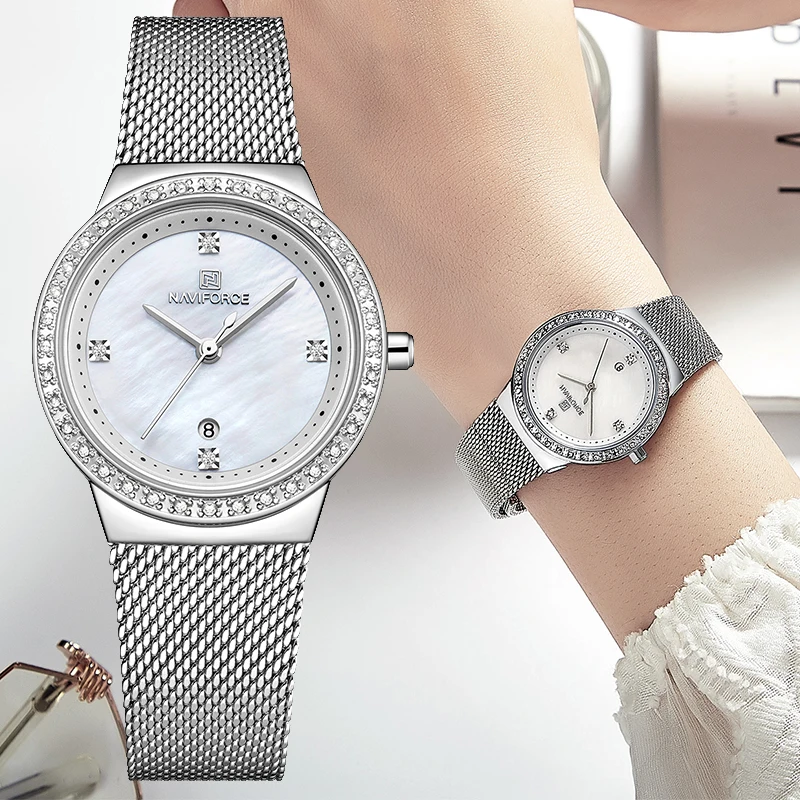 Женские часы NAVIFORCE, Топ бренд, роскошные модные кварцевые часы со стальным сетчатым ремешком, женские повседневные наручные часы, женские часы