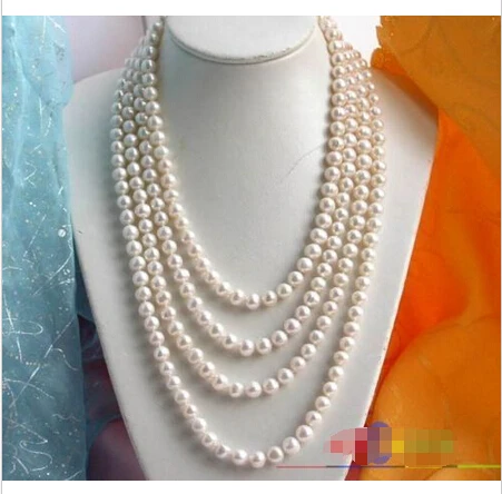 

Free shipping AAA LONG 100" 9-10MM ROUND WHITE FW CULTURED PEARL NECKLACE