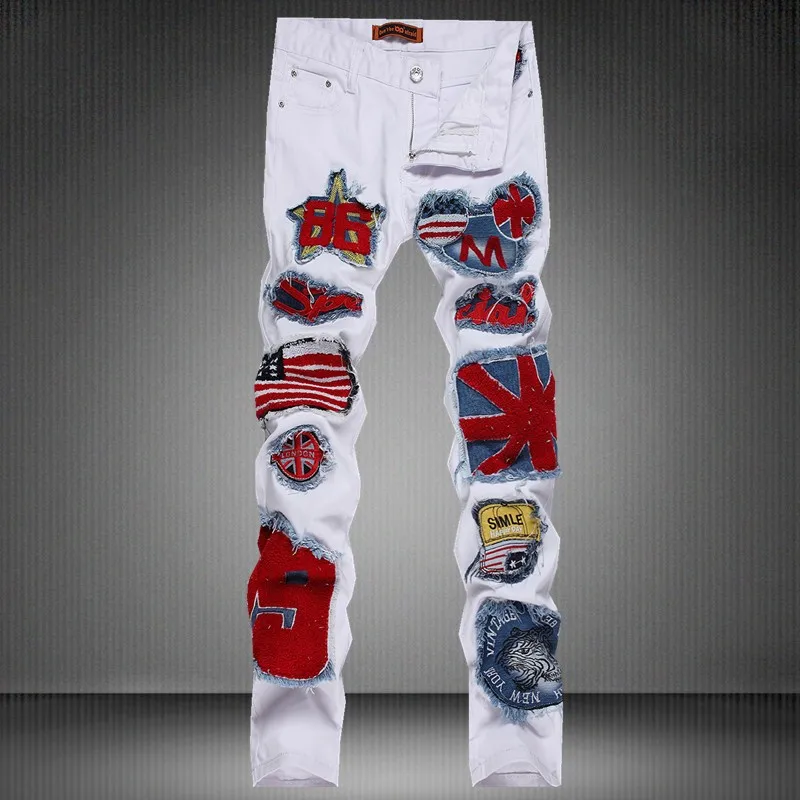 

Mens Fashion designer ClubNight White Embroidered badges Jeans DJ Singer Stylish United Flag Patchwork SLIM STRAIGHT Denim pants