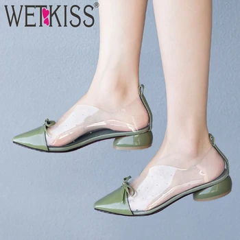 

WETKISS 2019 Spring PVC Women Pumps Pointed Toe Butterfly Knot Footwear Patent Leather Female Shoes Unusual Heels Shoes Woman