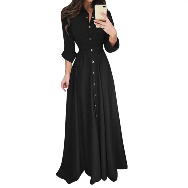 Boho Solid Women Dress Elegant Black Maxi Long Dress Work Office 3XL Plus Size Dresses Long Sleeve Button Party Dresses GV002 Boho Solid Women Dress Elegant Black Maxi Long Dress Work Office 3XL Plus Size Dresses Long Sleeve Button Party Dresses GV002
