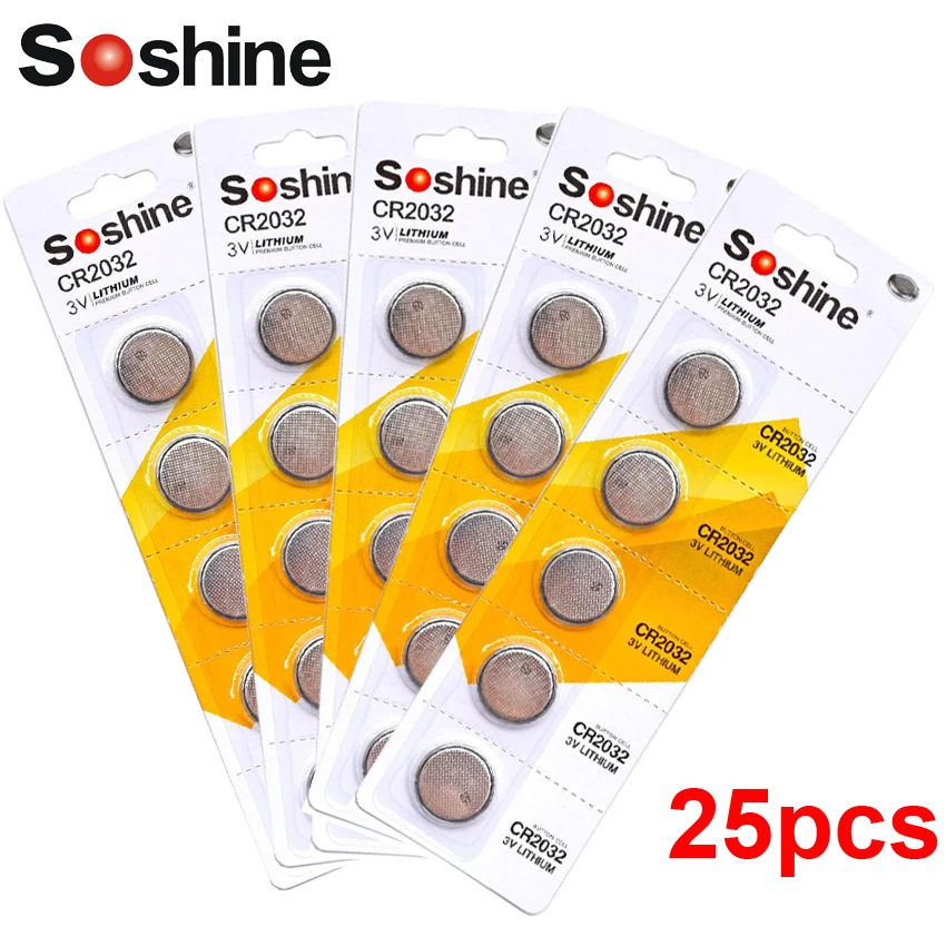25 шт. Soshine CR2032 3 V литиевая батарея таблеточного типа для Батарея DL2032 CR 2032 KCR2032 5004LC ECR2032 Кнопка ячейки Батарея для часов