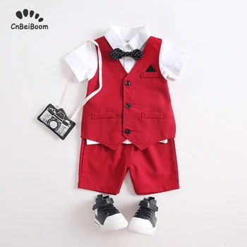 

Baby Party dress Boy's clothes sets red suit shirt vest pant tie bow 4pcs clothing set birthday boy children's wedding dress