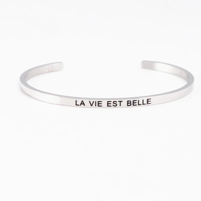 Серебряный Браслет манжета из нержавеющей стали &quotLA VIE EST BELLE&quot с гравировкой