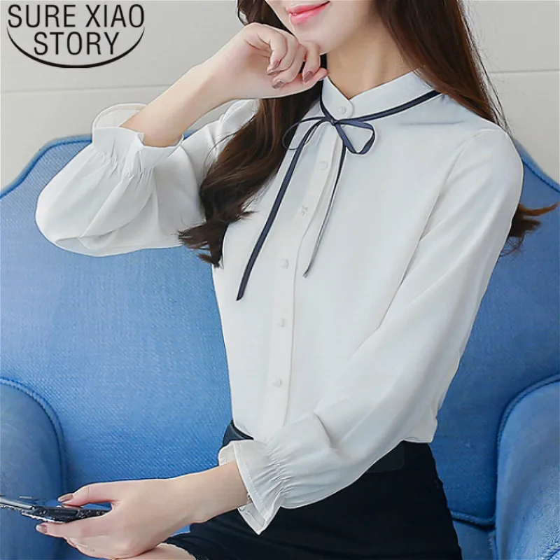 

blusas mujer de moda 2019 womens tops and blouses Bow Solid Stand Flare Sleeve women shirts chiffon blouse shirts 1959 50