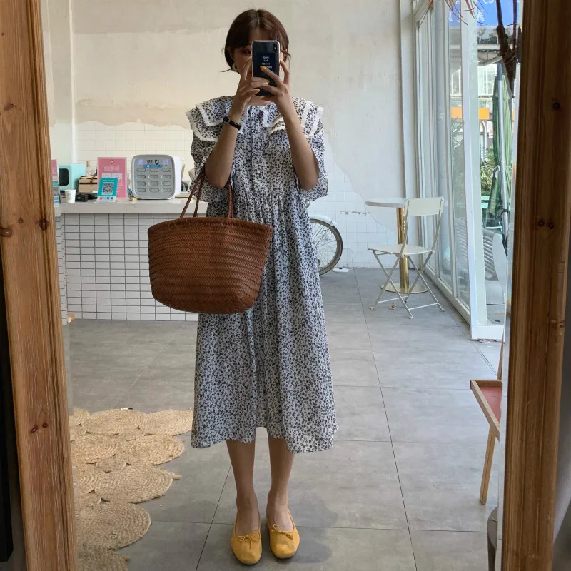 

Summer Dress 2019 Women Short Sleeve Double Neck Korean Vintage Loose Elegant Casual Beach Party Maxi Long Floral Dress
