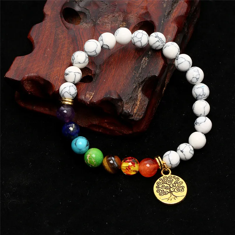 

NADEEM New design 8mm Howlite With Tree of Life Charm 7 Chakra Healing Balance Rainbow Bracelet Jewelry