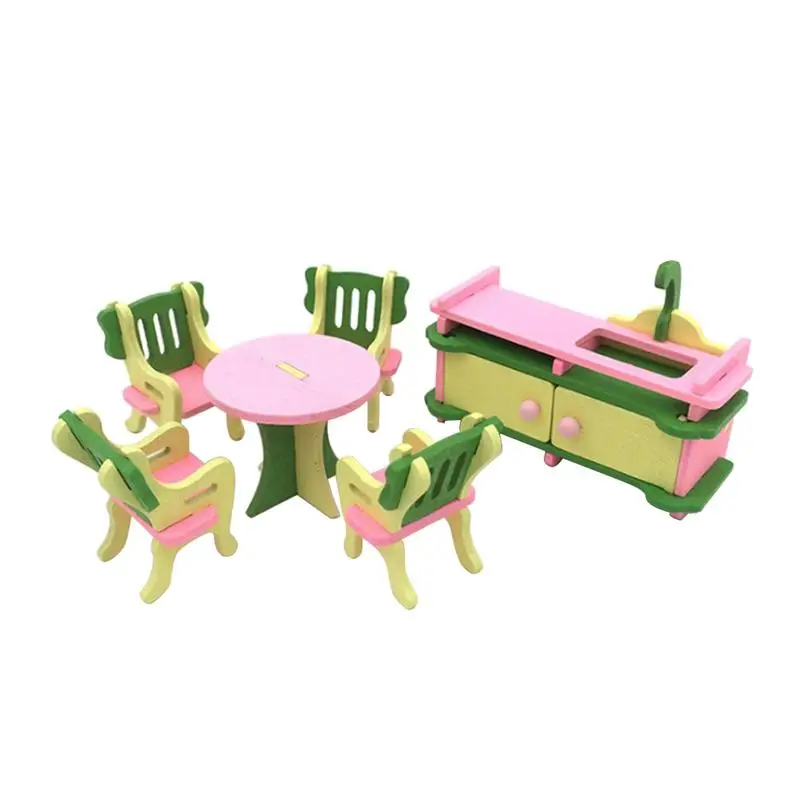 Doll House Furniture Set Miniature Bathroom Kitchen Bedroom Traditional Wooden Family Pretend Play Toys Gift For Girls Children - Цвет: kitchen