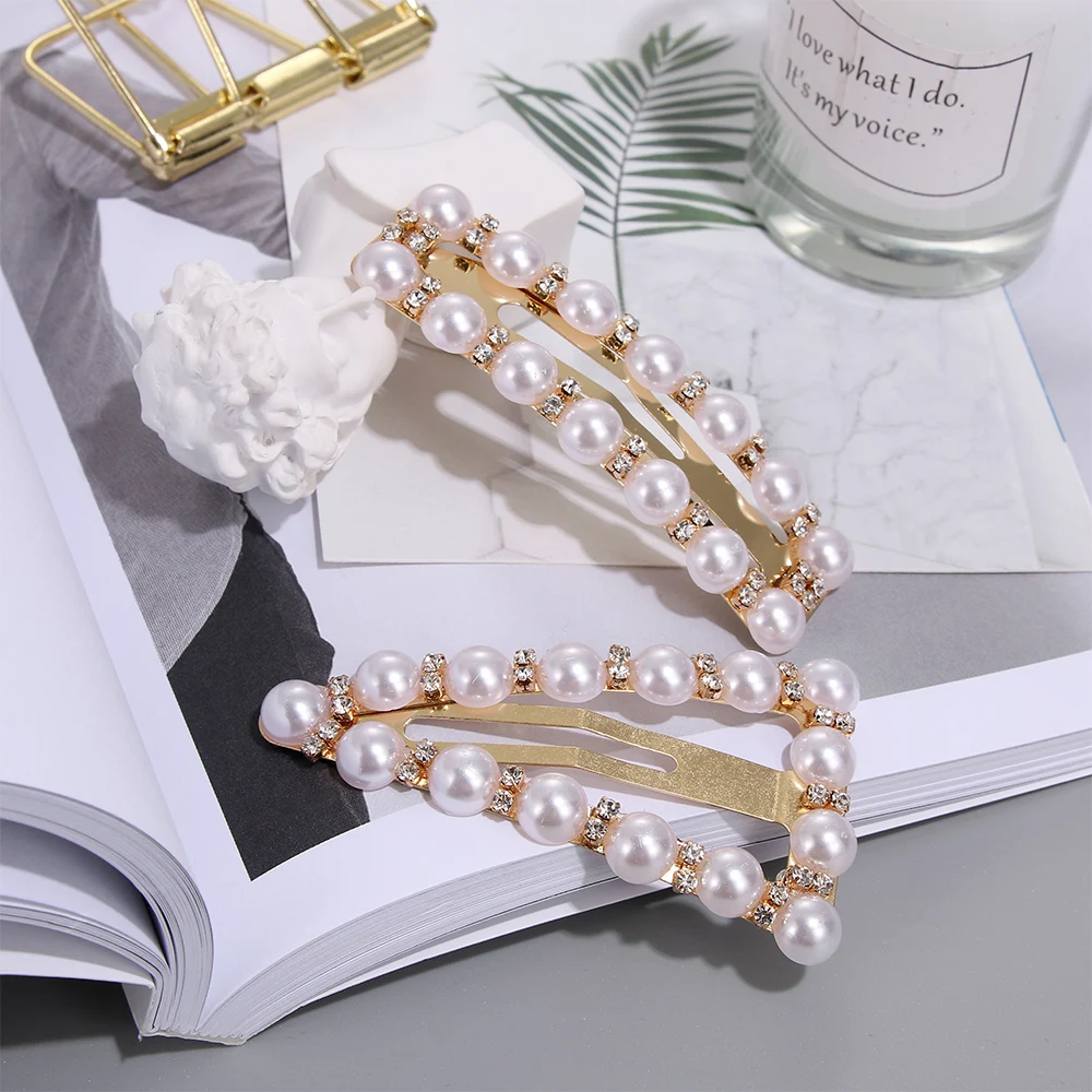 

Fashion Rhinestone Pearl Hairpins Girls Triangle Shaped Barrettes Hair Pins Clips BB Crystal Headwear Jewelry Hair Accessories