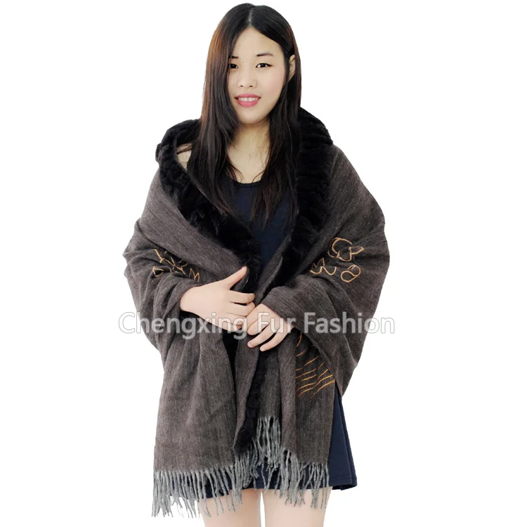 

CX-B-P-62 Latest Genuine Wool Cashmere With Fur Lady's Shawl With Rex Rabbit Trim