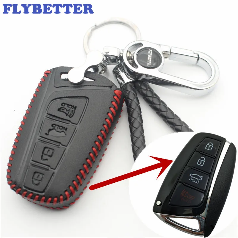 

FLYBETTER Genuine Leather 4Button Smart Key Case Cover For Hyundai SantaFe/Equus/Azera/Genesis Car Styling (B) L89
