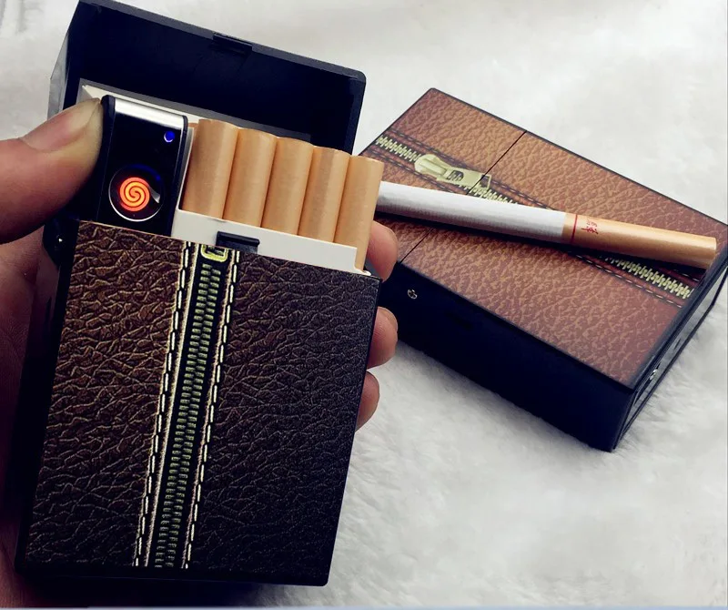 

Creative Zipper Design Metal Cigarettes Case with Plasma Lighter USB Changing Turbo Lighter Holder 19pcs Cigarettes Men's Gift