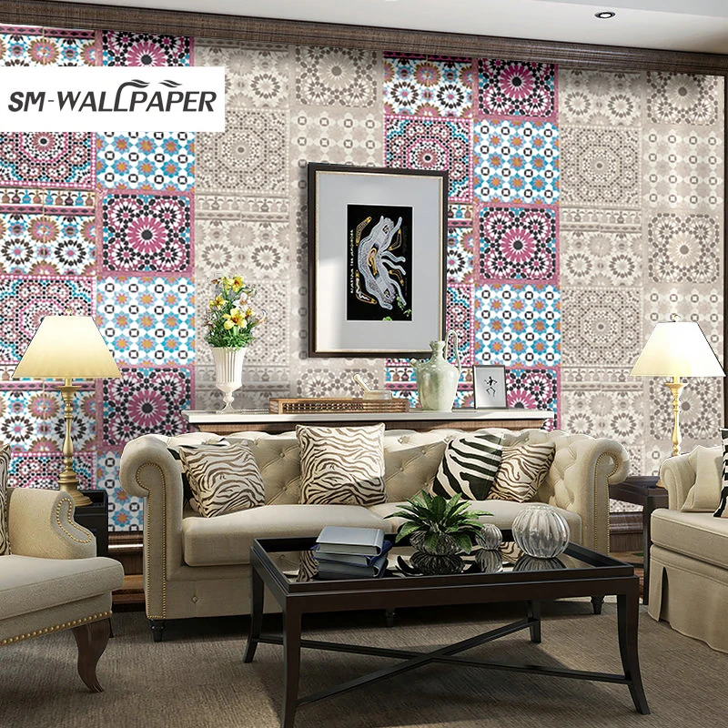 New Damask Geometric Colorful Wallpaper Embossed Flower PVC Vinyl Wall Stickers Country Style for Living Room Background Decor