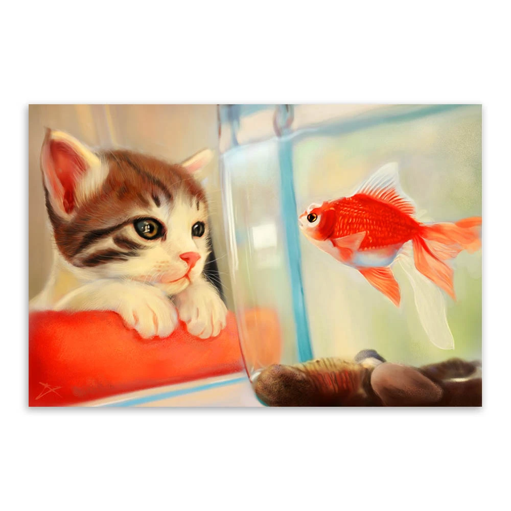 Dessin Anime Moderne Animal Chat Poisson Rouge Zen Photo Grand Art Imprimer Affiche Hipster Mur Photo Toile Peinture Pas Encadre Decor A La Maison Aliexpress