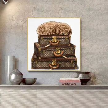 

Sleeping POODLE Puppy on The Luggage Fashion Canvas Painting Animal Poster Nordic Style Picture for Living Room Decor Unframed
